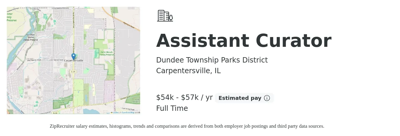 Dundee Township Parks District job posting for a Assistant Curator in Carpentersville, IL with a salary of $54,100 to $57,500 Yearly with a map of Carpentersville location.