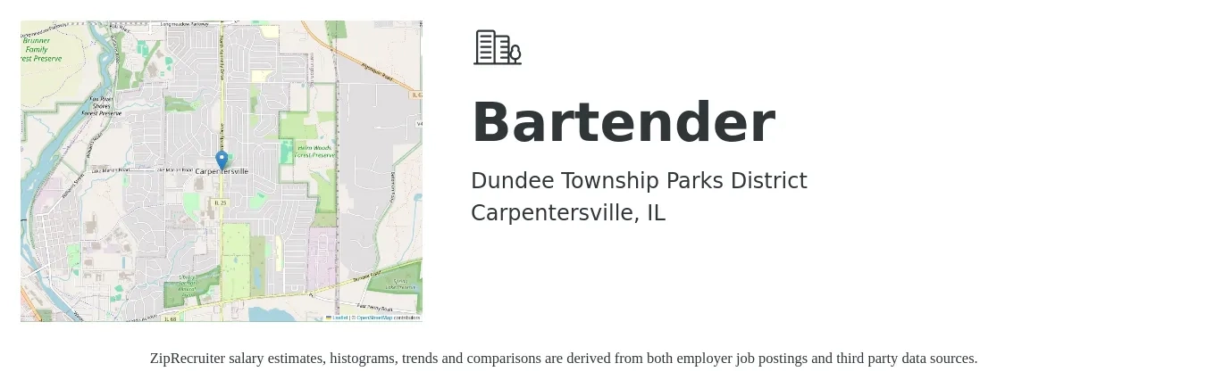 Dundee Township Parks District job posting for a Bartender in Carpentersville, IL with a salary of $9 to $11 Hourly with a map of Carpentersville location.