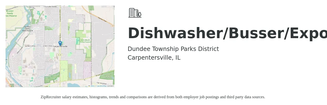 Dundee Township Parks District job posting for a Dishwasher/Busser/Expo in Carpentersville, IL with a salary of $14 Hourly with a map of Carpentersville location.
