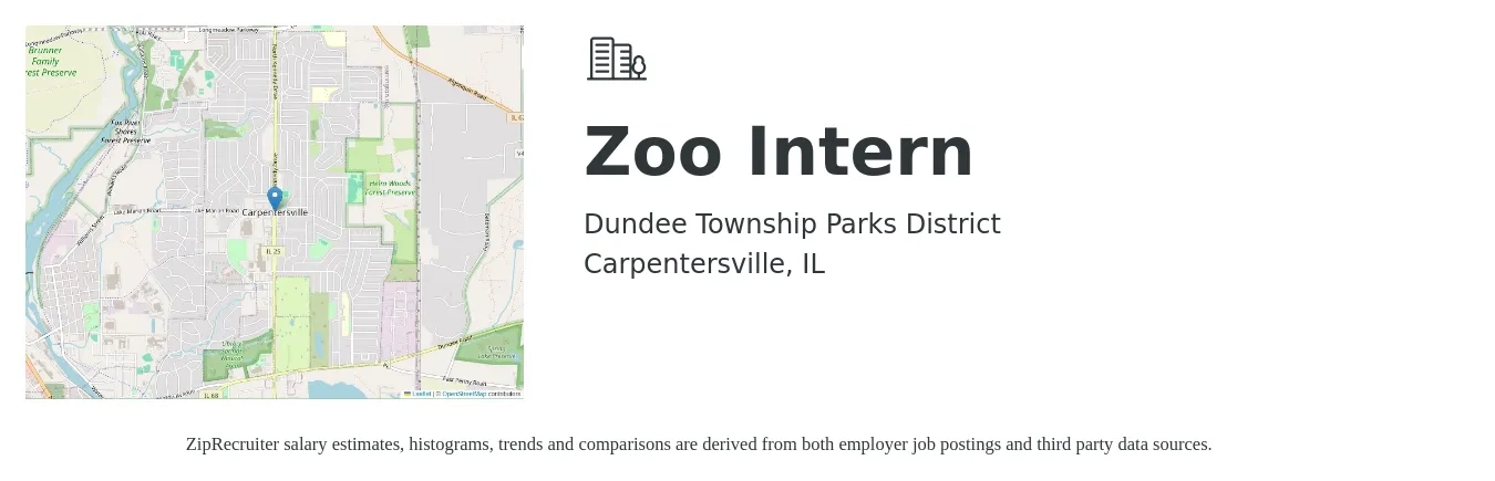 Dundee Township Parks District job posting for a Zoo Intern in Carpentersville, IL with a salary of $15 to $20 Hourly with a map of Carpentersville location.