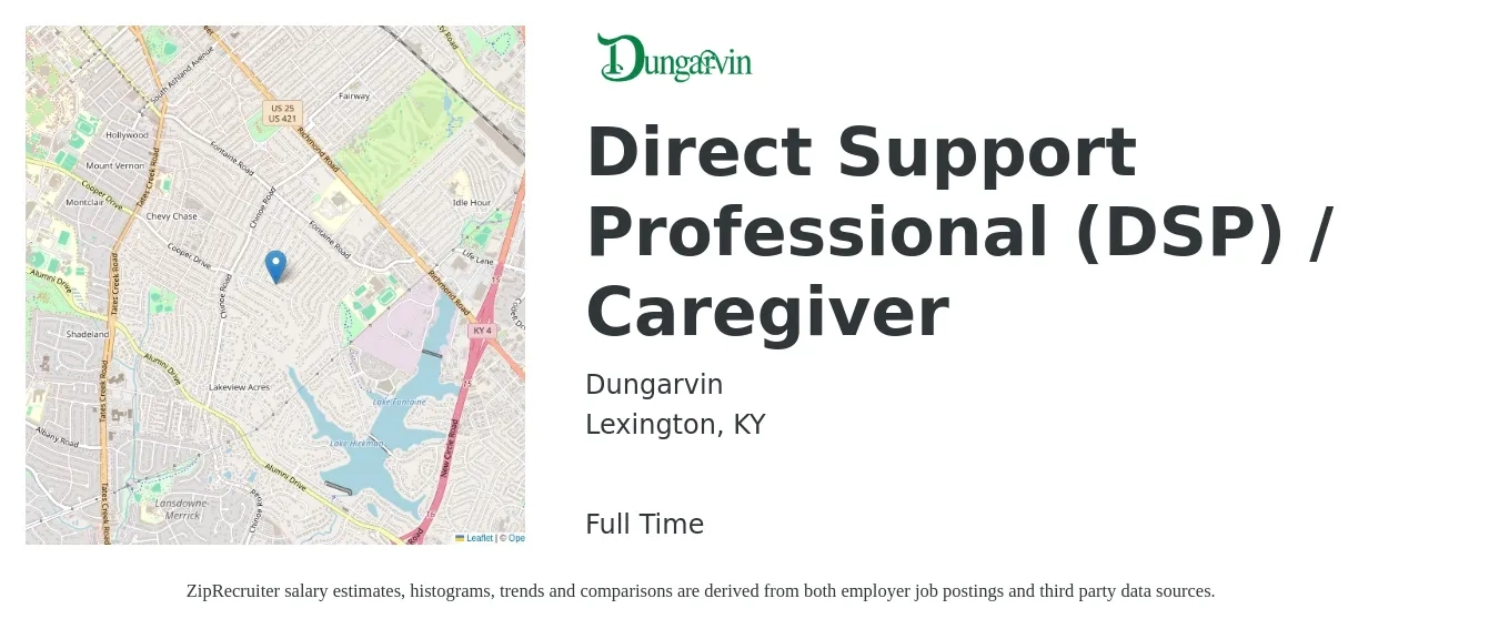 Dungarvin job posting for a Direct Support Professional (DSP) / Caregiver in Lexington, KY with a salary of $15 Hourly with a map of Lexington location.