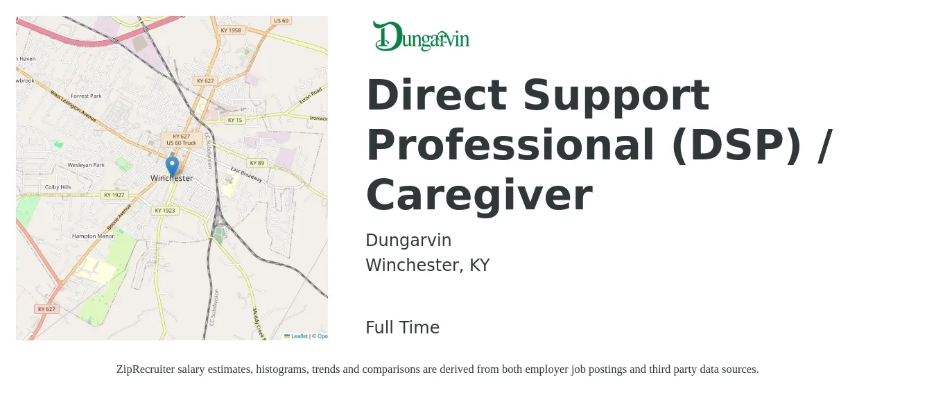 Dungarvin job posting for a Direct Support Professional (DSP) / Caregiver in Winchester, KY with a salary of $15 Hourly with a map of Winchester location.