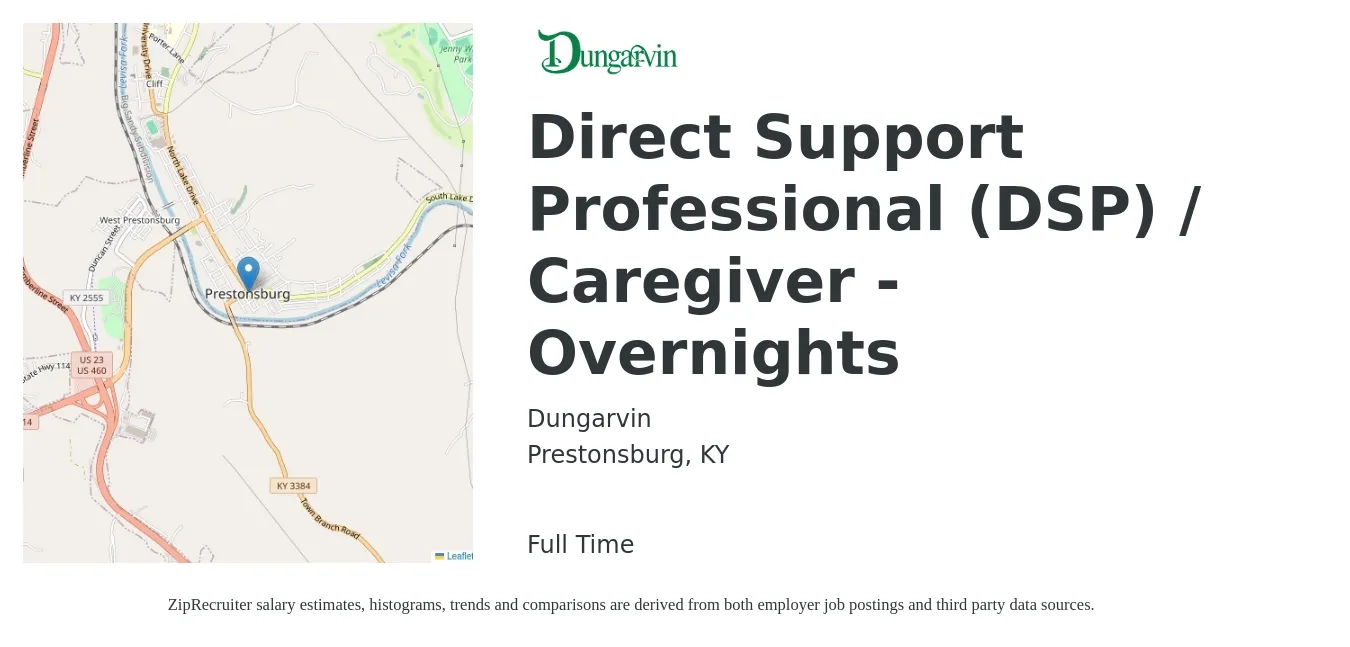 Dungarvin job posting for a Direct Support Professional (DSP) / Caregiver - Overnights in Prestonsburg, KY with a salary of $11 Hourly with a map of Prestonsburg location.