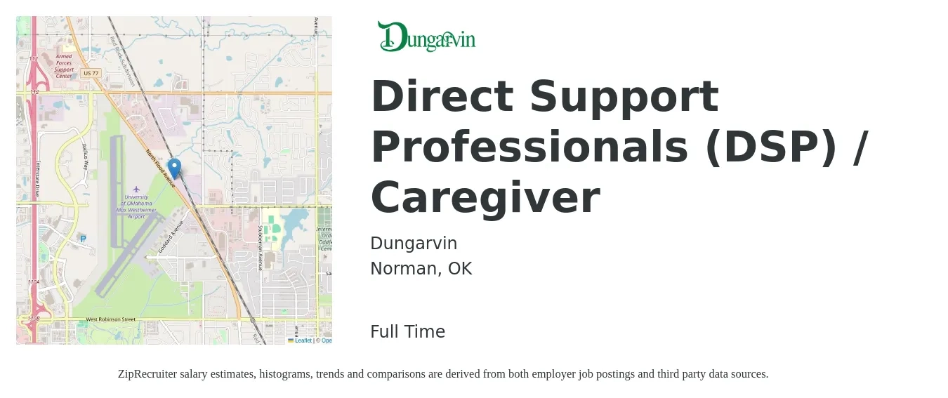 Dungarvin job posting for a Direct Support Professionals (DSP) / Caregiver in Norman, OK with a salary of $13 Hourly with a map of Norman location.