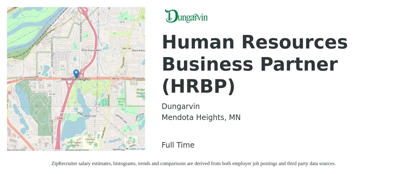 Dungarvin job posting for a Human Resources Business Partner (HRBP) in Mendota Heights, MN with a salary of $73,400 to $104,500 Yearly with a map of Mendota Heights location.