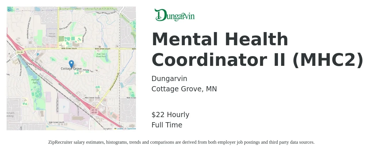 Dungarvin job posting for a Mental Health Coordinator II (MHC2) in Cottage Grove, MN with a salary of $23 Hourly with a map of Cottage Grove location.