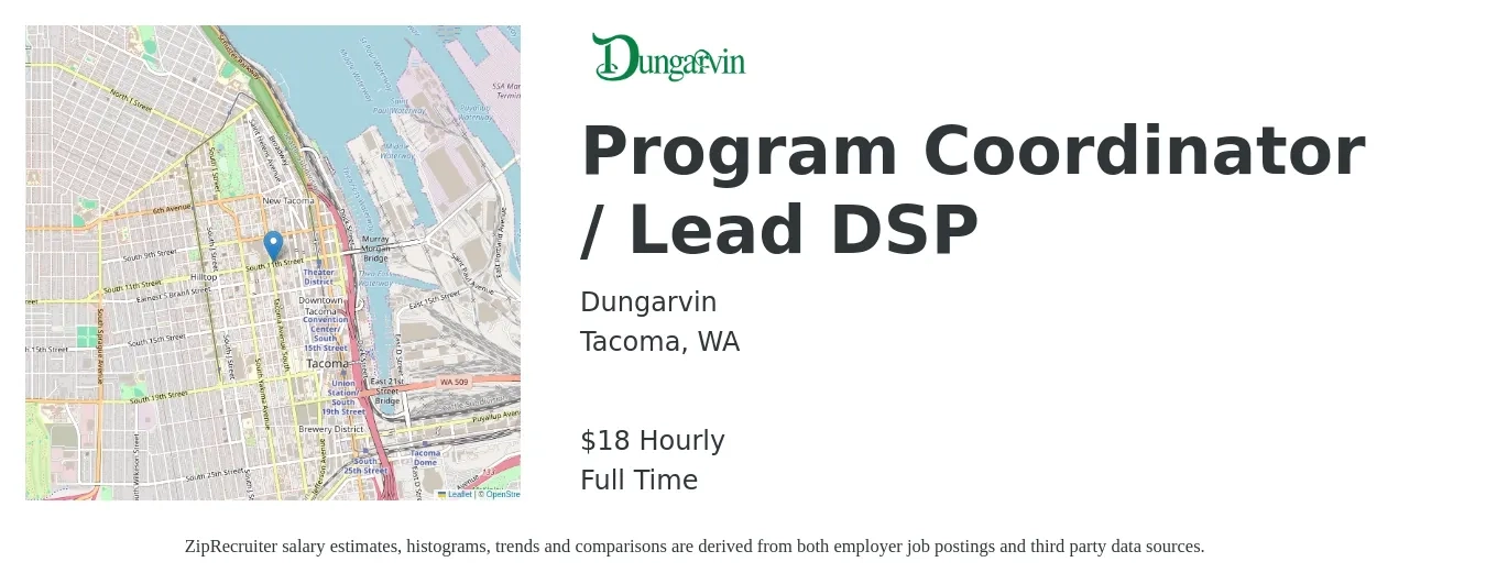 Dungarvin job posting for a Program Coordinator / Lead DSP in Tacoma, WA with a salary of $19 Hourly with a map of Tacoma location.