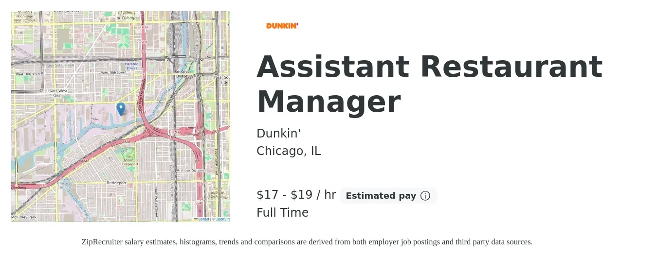 Dunkin' job posting for a Assistant Restaurant Manager in Chicago, IL with a salary of $18 to $20 Hourly with a map of Chicago location.