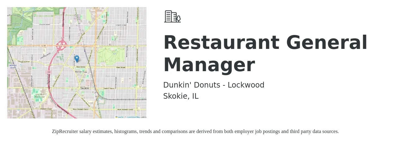 Dunkin' Donuts - Lockwood job posting for a Restaurant General Manager in Skokie, IL with a salary of $54,200 to $74,800 Yearly with a map of Skokie location.