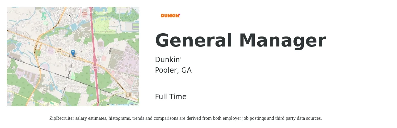 Dunkin' job posting for a General Manager in Pooler, GA with a salary of $45,000 to $67,200 Yearly with a map of Pooler location.