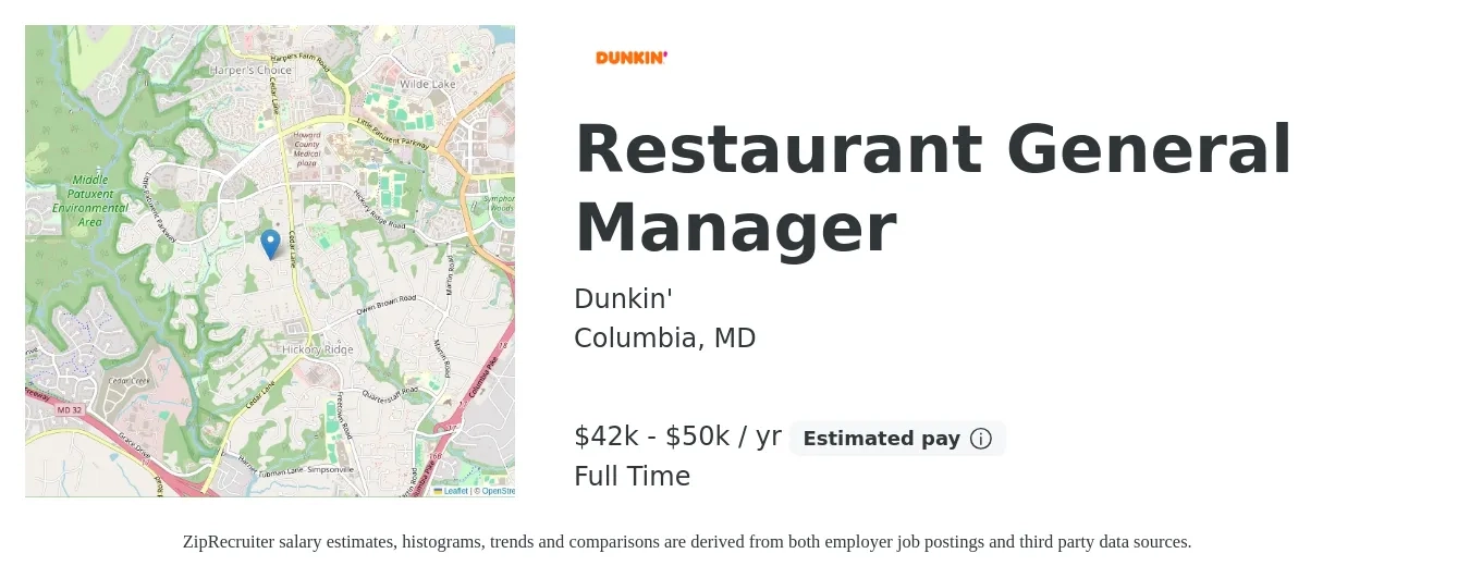 Dunkin' job posting for a Restaurant General Manager in Columbia, MD with a salary of $42,500 to $50,000 Yearly with a map of Columbia location.