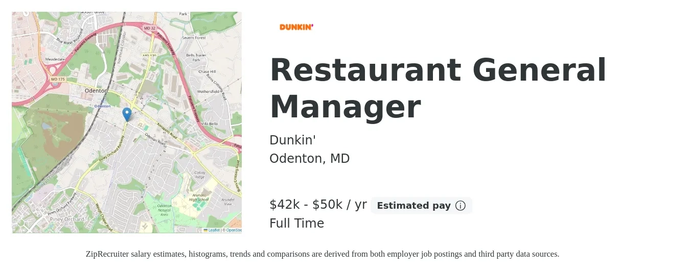 Dunkin' job posting for a Restaurant General Manager in Odenton, MD with a salary of $42,500 to $50,000 Yearly with a map of Odenton location.