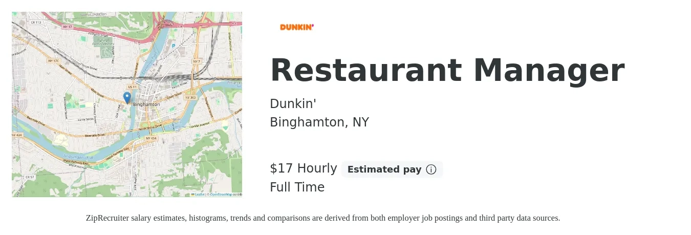 Dunkin' job posting for a Restaurant Manager in Binghamton, NY with a salary of $18 Hourly with a map of Binghamton location.