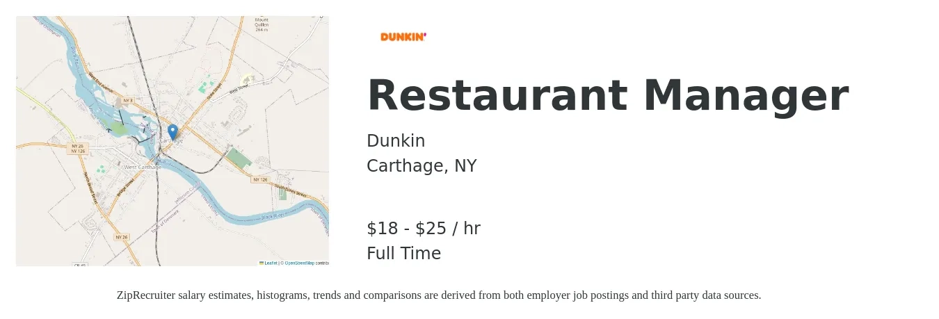 Dunkin job posting for a Restaurant Manager in Carthage, NY with a salary of $20 to $26 Hourly with a map of Carthage location.