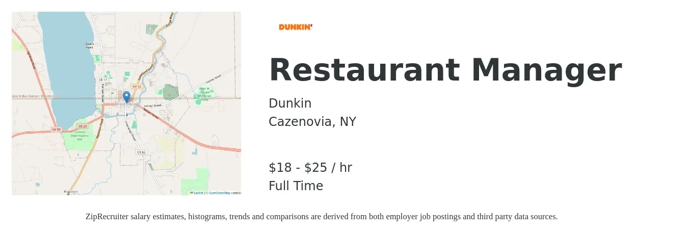 Dunkin job posting for a Restaurant Manager in Cazenovia, NY with a salary of $20 to $26 Hourly with a map of Cazenovia location.