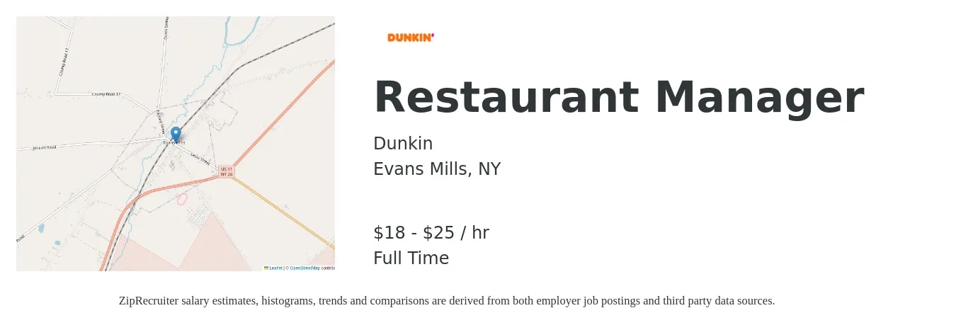 Dunkin job posting for a Restaurant Manager in Evans Mills, NY with a salary of $20 to $26 Hourly with a map of Evans Mills location.