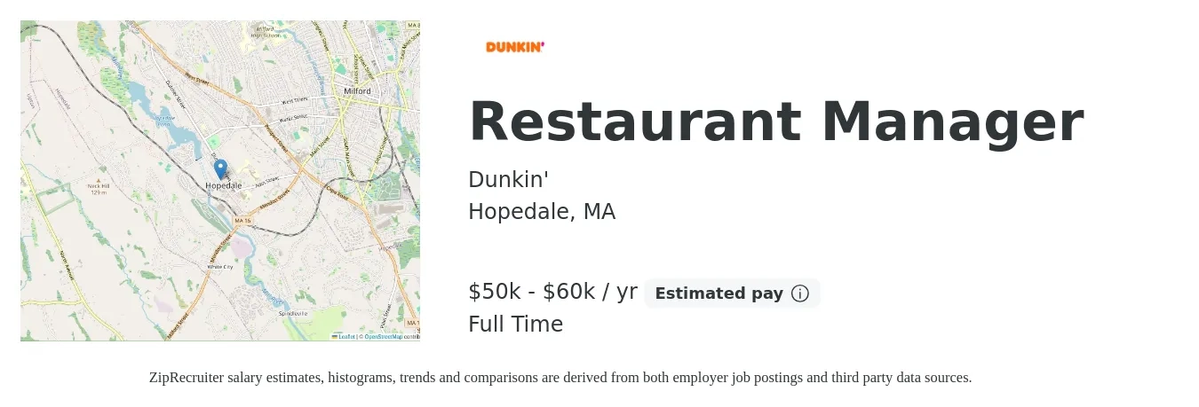 Dunkin' job posting for a Restaurant Manager in Hopedale, MA with a salary of $50,000 to $60,000 Yearly with a map of Hopedale location.