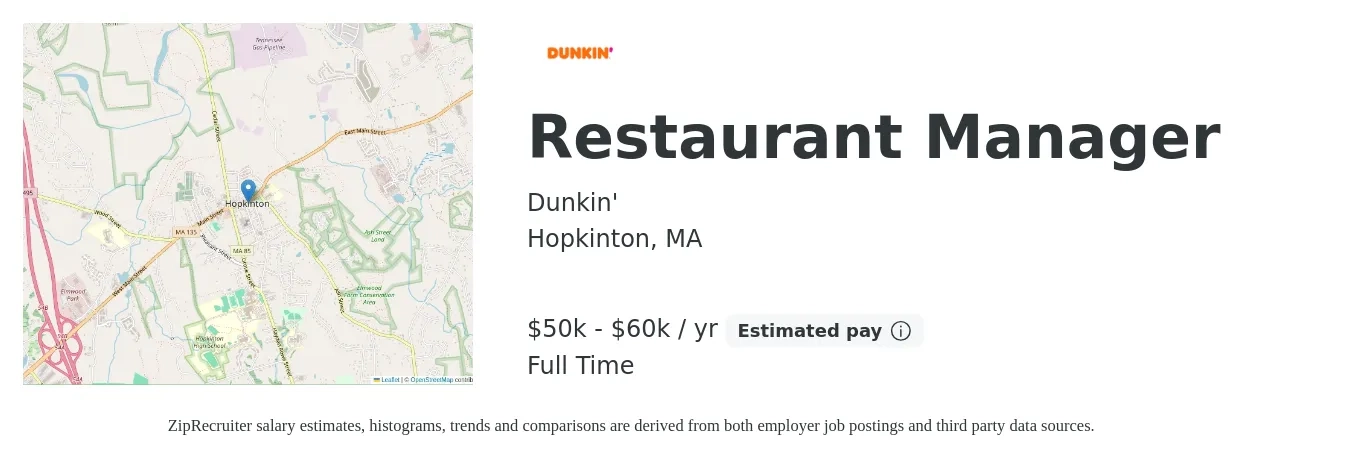 Dunkin' job posting for a Restaurant Manager in Hopkinton, MA with a salary of $50,000 to $60,000 Yearly with a map of Hopkinton location.