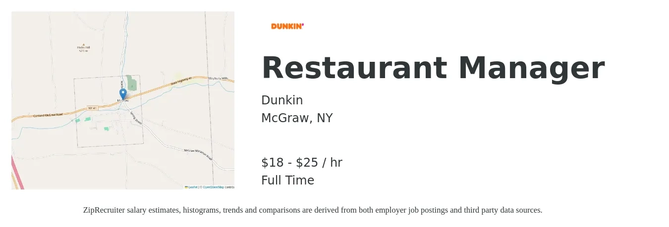 Dunkin job posting for a Restaurant Manager in McGraw, NY with a salary of $20 to $26 Hourly with a map of McGraw location.