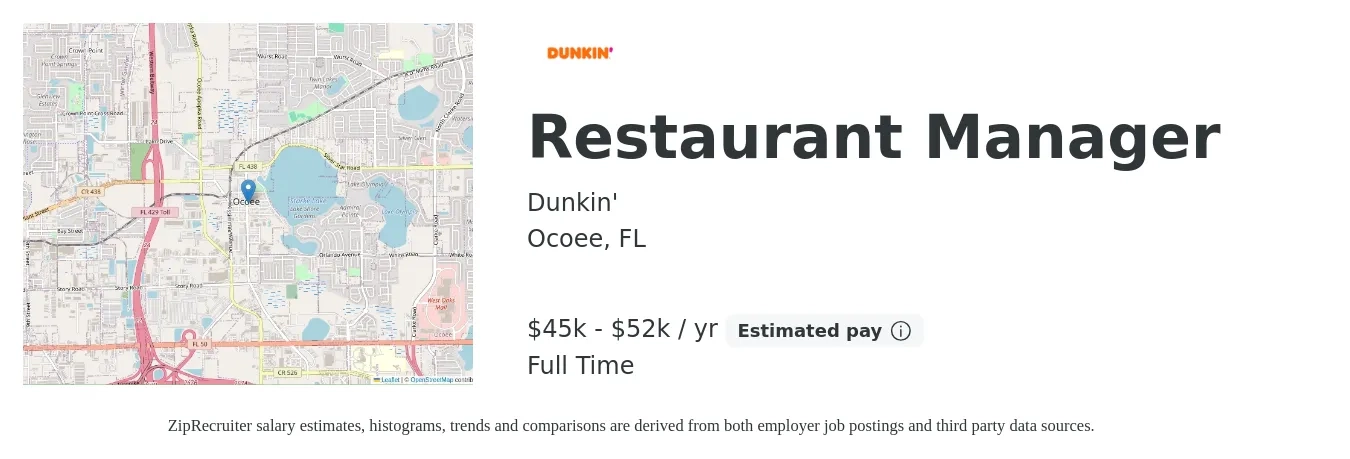 Dunkin' job posting for a Restaurant Manager in Ocoee, FL with a salary of $41,600 to $50,000 Yearly with a map of Ocoee location.