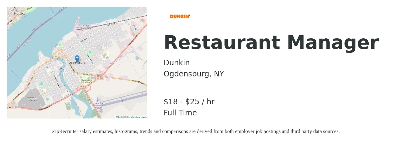 Dunkin job posting for a Restaurant Manager in Ogdensburg, NY with a salary of $20 to $26 Hourly with a map of Ogdensburg location.