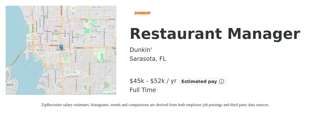 Dunkin' job posting for a Restaurant Manager in Sarasota, FL with a salary of $45,000 to $52,000 Yearly with a map of Sarasota location.