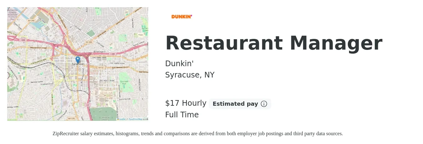 Dunkin' job posting for a Restaurant Manager in Syracuse, NY with a salary of $18 Hourly with a map of Syracuse location.