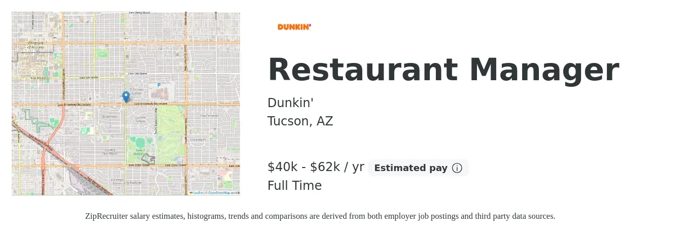 Dunkin' job posting for a Restaurant Manager in Tucson, AZ with a salary of $40,000 to $62,000 Yearly with a map of Tucson location.