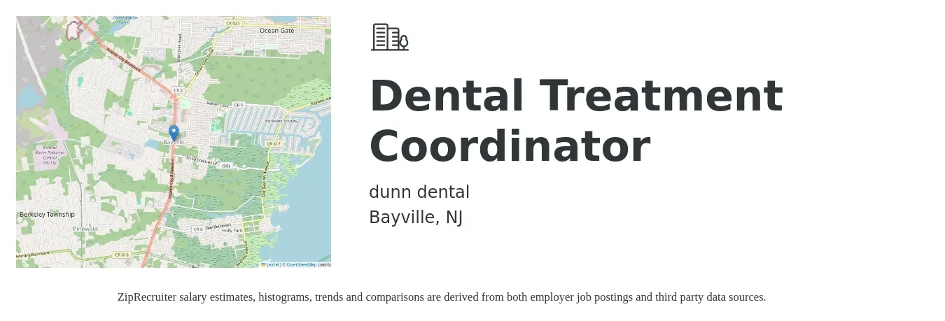 dunn dental job posting for a Dental Treatment Coordinator in Bayville, NJ with a salary of $18 to $25 Hourly with a map of Bayville location.
