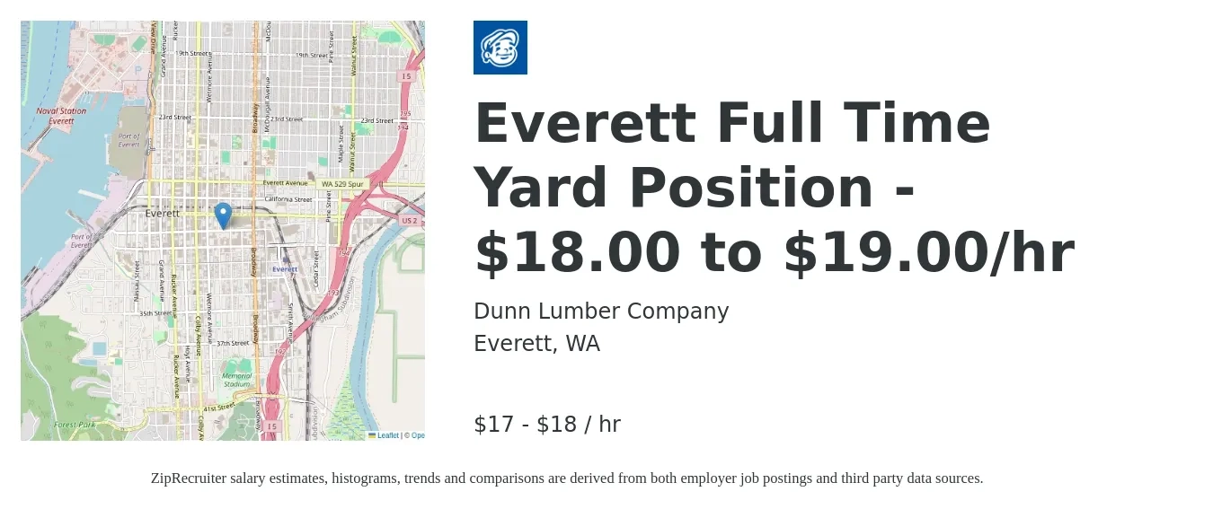 Dunn Lumber Company job posting for a Everett Full Time Yard Position - $18.00 to $19.00/hr in Everett, WA with a salary of $18 to $19 Hourly with a map of Everett location.