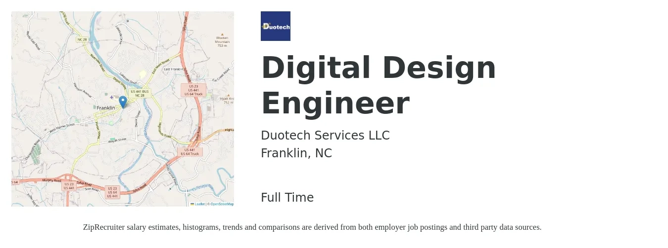Duotech Services LLC job posting for a Digital Design Engineer in Franklin, NC with a salary of $118,400 Yearly with a map of Franklin location.