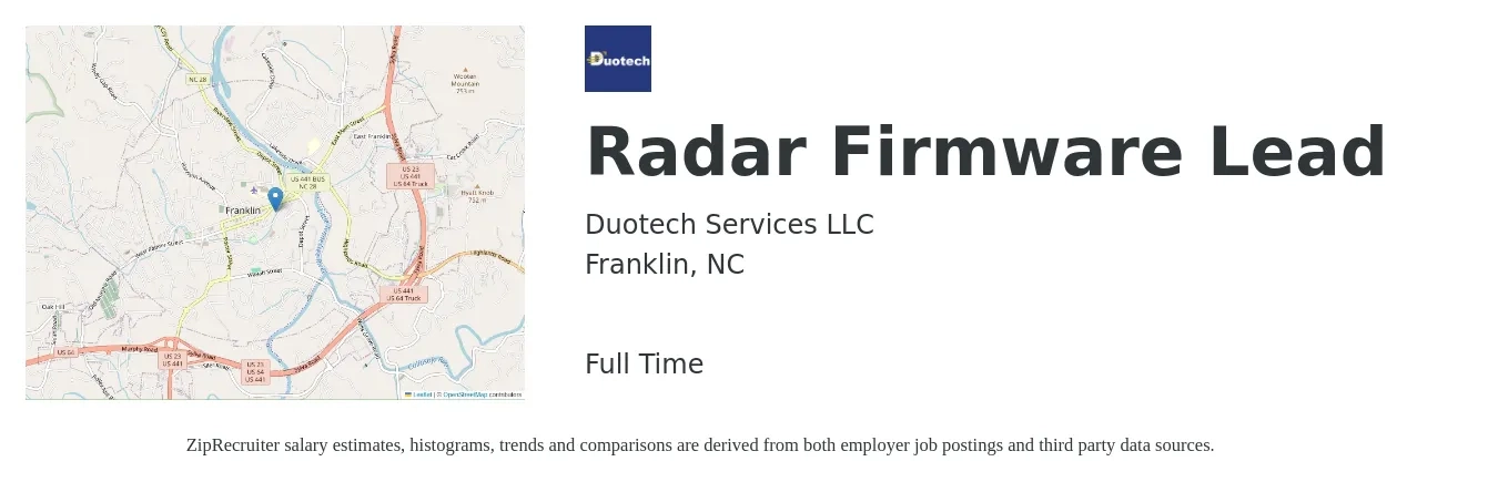Duotech Services LLC job posting for a Radar Firmware Lead in Franklin, NC with a salary of $124,500 to $178,400 Yearly with a map of Franklin location.