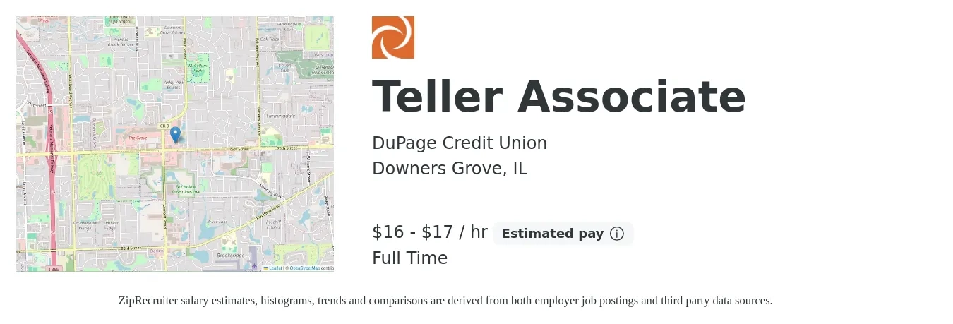 DuPage Credit Union job posting for a Teller Associate in Downers Grove, IL with a salary of $18 to $18 Hourly with a map of Downers Grove location.