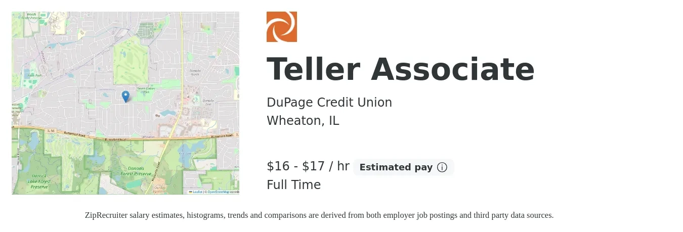 DuPage Credit Union job posting for a Teller Associate in Wheaton, IL with a salary of $18 to $18 Hourly with a map of Wheaton location.