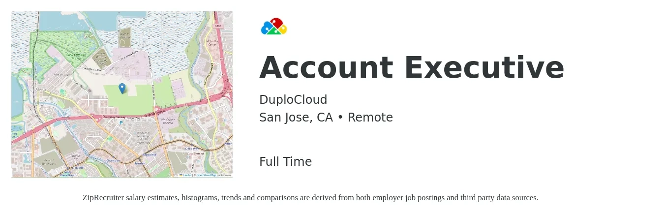 DuploCloud job posting for a Account Executive in San Jose, CA with a salary of $63,300 to $111,300 Yearly with a map of San Jose location.