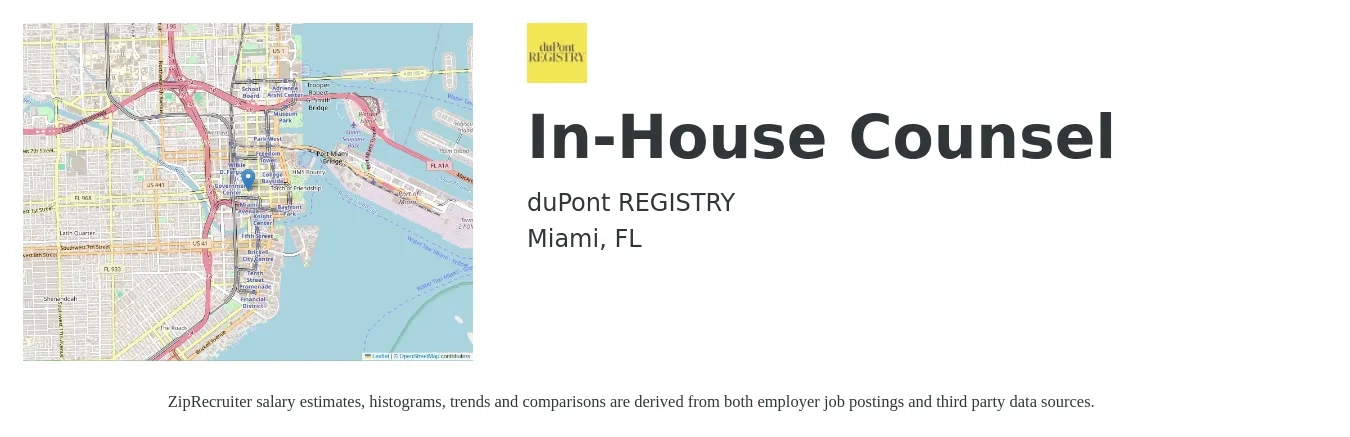duPont REGISTRY job posting for a In-House Counsel in Miami, FL with a salary of $114,700 to $166,400 Yearly with a map of Miami location.