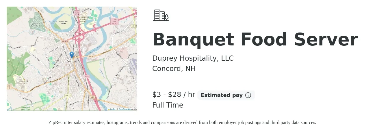 Duprey Hospitality, LLC job posting for a Banquet Food Server in Concord, NH with a salary of $14 to $18 Hourly with a map of Concord location.