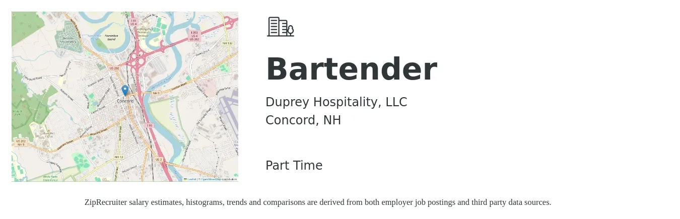 Duprey Hospitality, LLC job posting for a Bartender in Concord, NH with a salary of $10 to $19 Hourly with a map of Concord location.