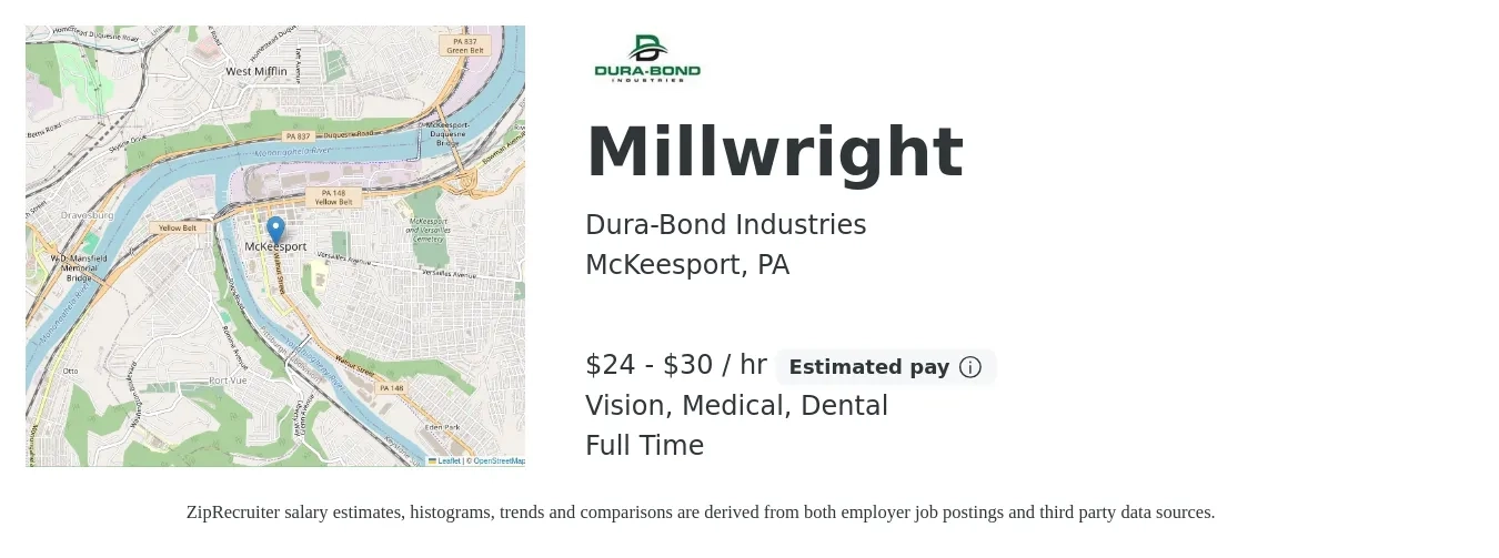 Dura-Bond Industries job posting for a Millwright in McKeesport, PA with a salary of $26 to $32 Hourly and benefits including medical, retirement, vision, and dental with a map of McKeesport location.