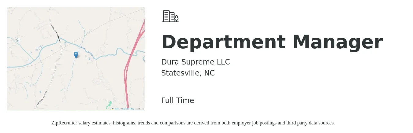 Dura Supreme LLC job posting for a Department Manager in Statesville, NC with a salary of $19 to $22 Hourly with a map of Statesville location.
