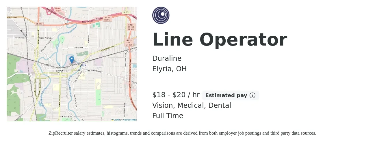 Duraline job posting for a Line Operator in Elyria, OH with a salary of $19 to $21 Hourly and benefits including dental, life_insurance, medical, pto, retirement, and vision with a map of Elyria location.