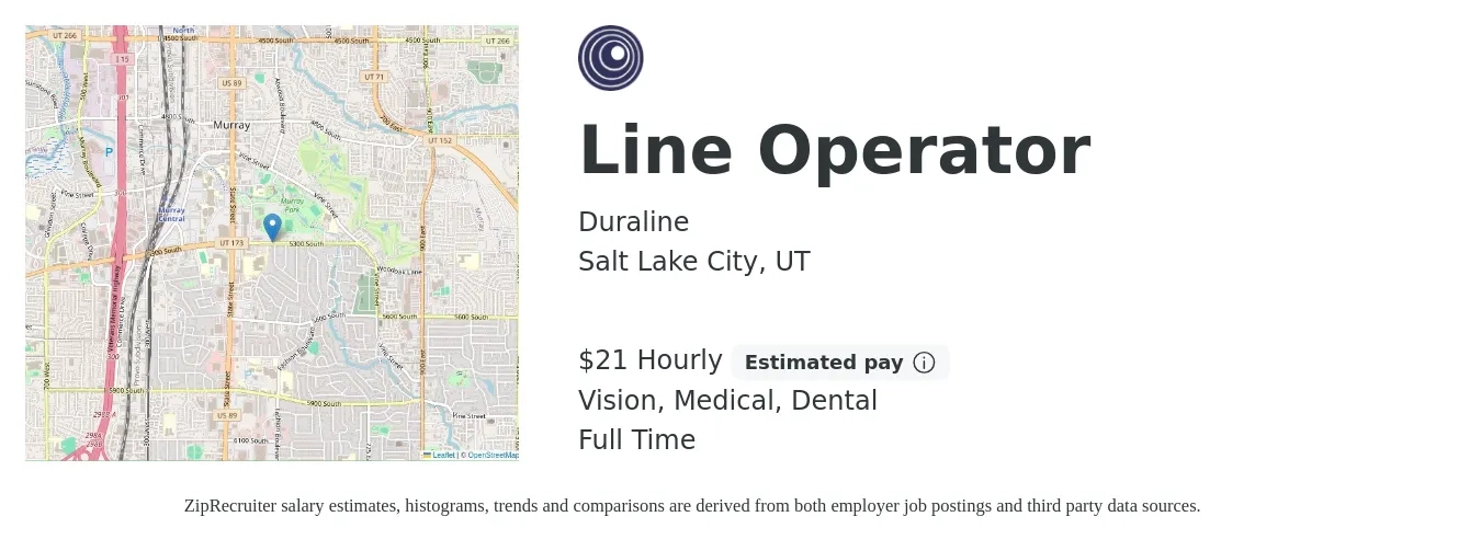 Duraline job posting for a Line Operator in Salt Lake City, UT with a salary of $22 Hourly and benefits including dental, life_insurance, medical, pto, retirement, and vision with a map of Salt Lake City location.