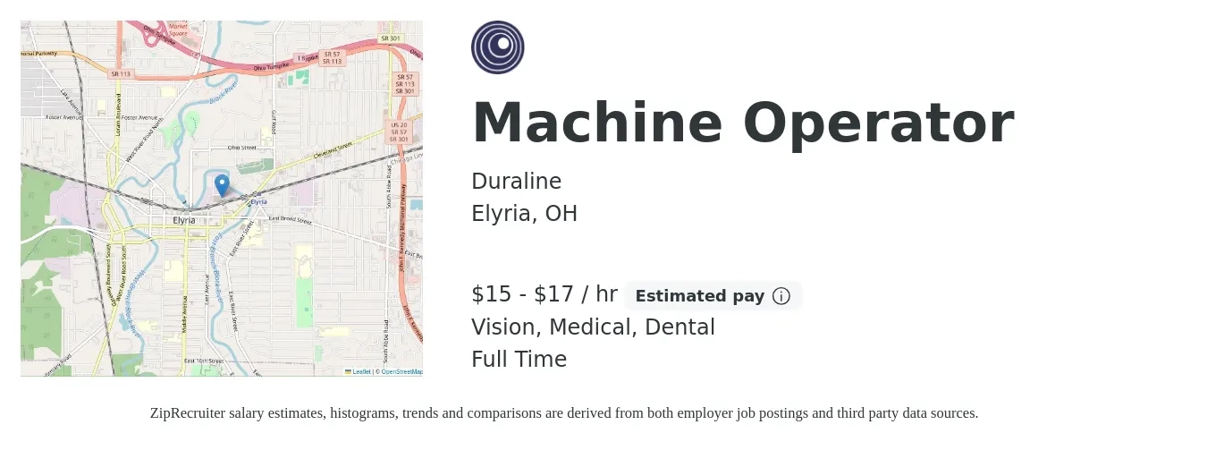Duraline job posting for a Machine Operator in Elyria, OH with a salary of $16 to $18 Hourly and benefits including dental, life_insurance, medical, pto, retirement, and vision with a map of Elyria location.