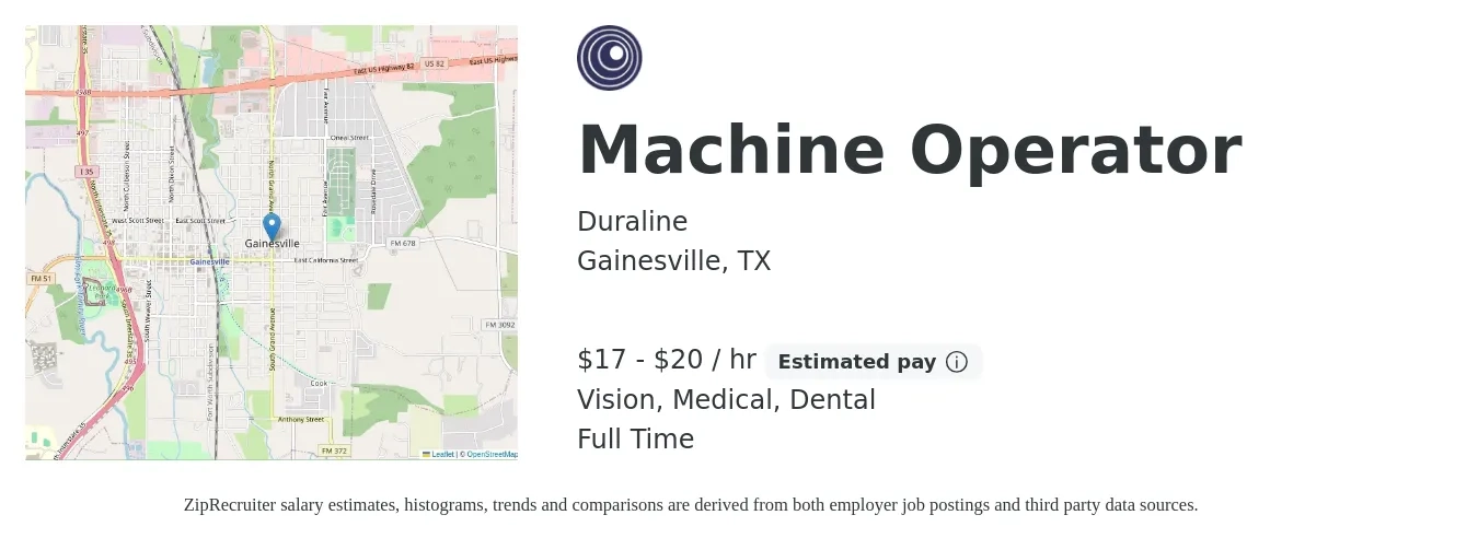 Duraline job posting for a Machine Operator in Gainesville, TX with a salary of $18 to $21 Hourly and benefits including medical, pto, retirement, vision, dental, and life_insurance with a map of Gainesville location.
