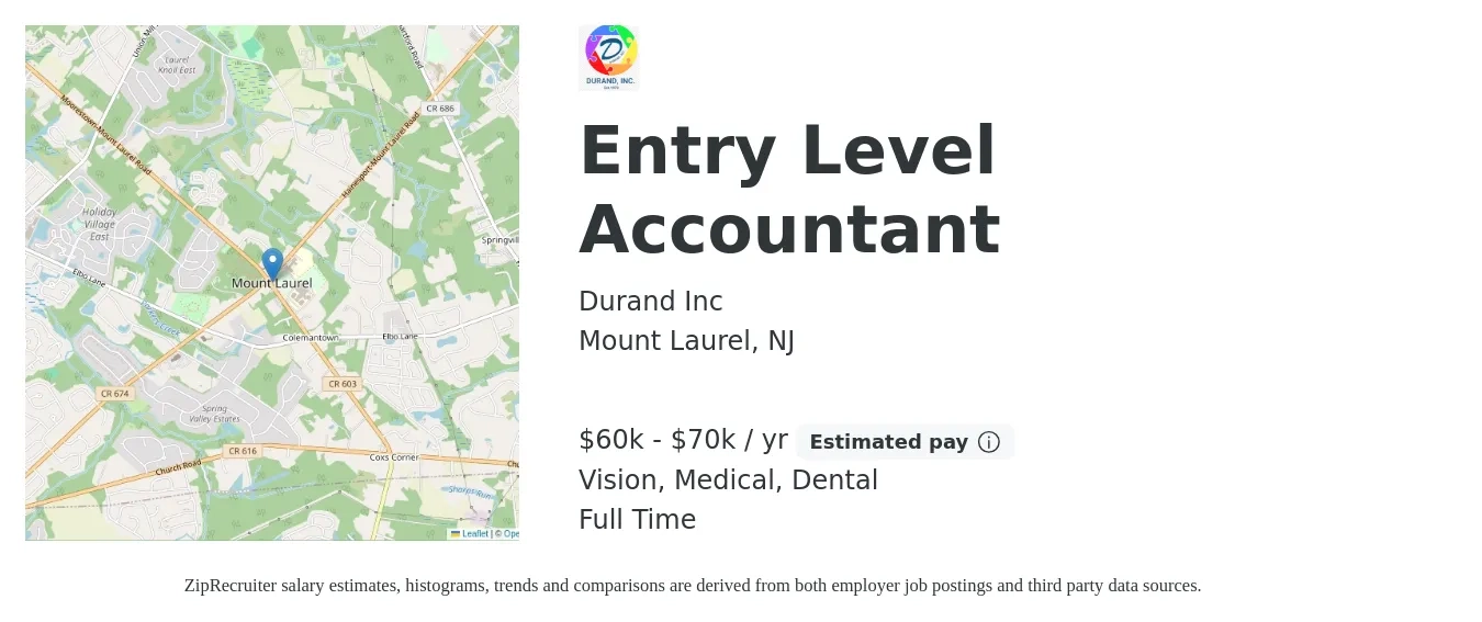 Durand Inc job posting for a Entry Level Accountant in Mount Laurel, NJ with a salary of $60,000 to $70,000 Yearly and benefits including retirement, vision, dental, life_insurance, and medical with a map of Mount Laurel location.