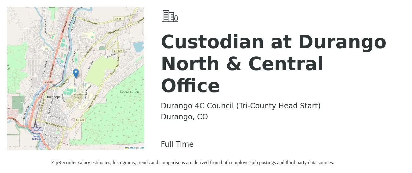 Durango 4C Council (Tri-County Head Start) job posting for a Custodian at Durango North & Central Office in Durango, CO with a salary of $18 to $19 Hourly with a map of Durango location.