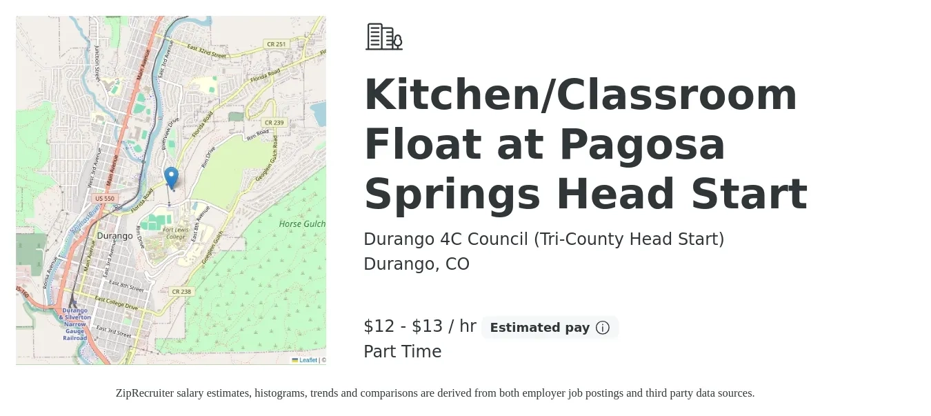 Durango 4C Council (Tri-County Head Start) job posting for a Kitchen/Classroom Float at Pagosa Springs Head Start in Durango, CO with a salary of $13 to $14 Hourly with a map of Durango location.