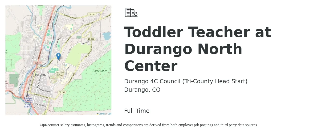 Durango 4C Council (Tri-County Head Start) job posting for a Toddler Teacher at Durango North Center in Durango, CO with a salary of $15 to $22 Hourly with a map of Durango location.