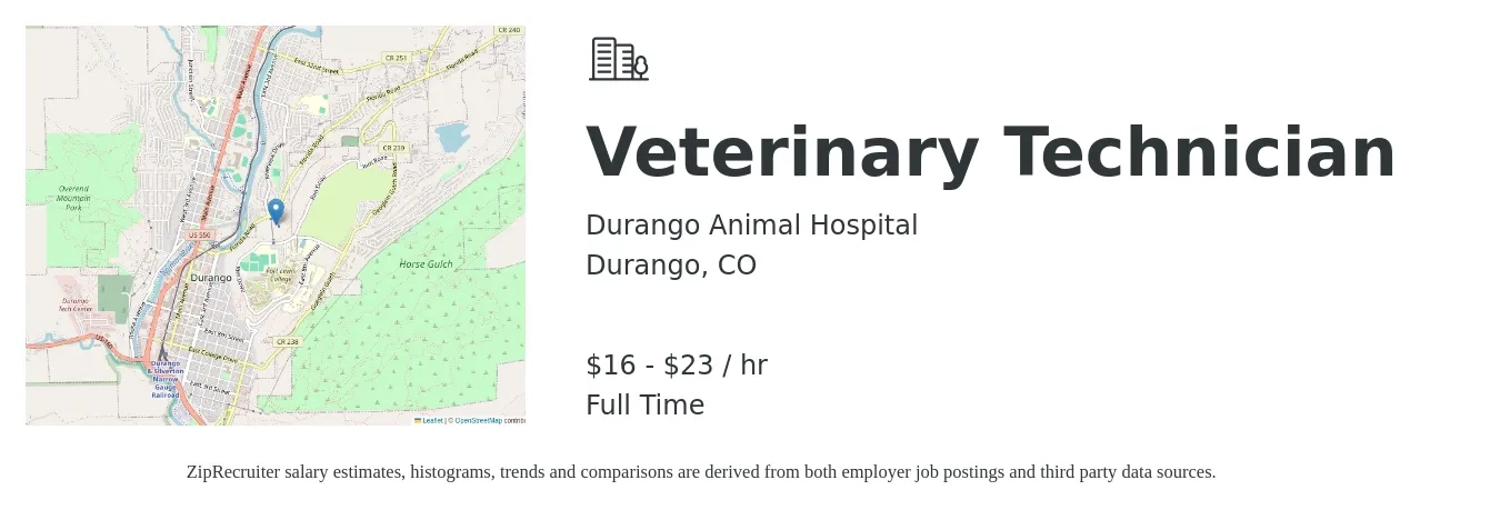 Durango Animal Hospital job posting for a Veterinary Technician in Durango, CO with a salary of $17 to $24 Hourly with a map of Durango location.