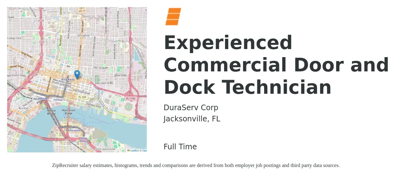 DuraServ Corp job posting for a Experienced Commercial Door and Dock Technician in Jacksonville, FL with a salary of $18 to $25 Hourly with a map of Jacksonville location.